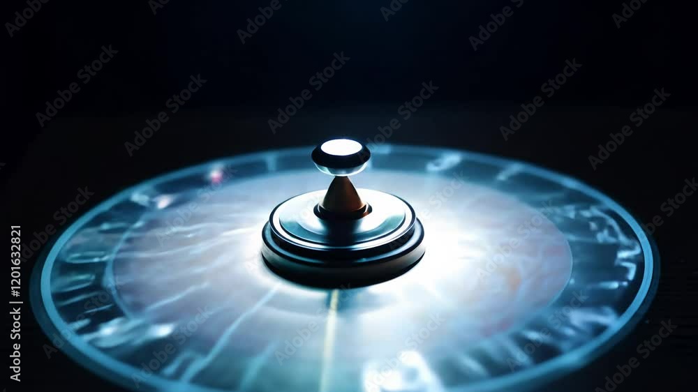 Poster tracking video of a spinning top with a patterned light projected onto it, isolated on a dark surfac