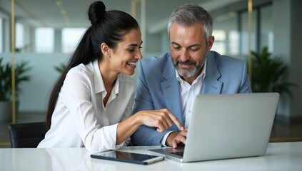 Obraz premium Two Professionals Collaborating on a Project at a Modern Office