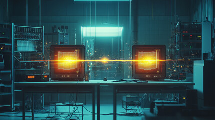 A quantum teleportation experiment setup in a dimly lit lab, featuring a pair of glowing quantum nodes connected by a shimmering energy beam, representing the cutting edge of quantum technology.
