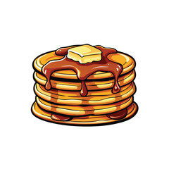 A meticulously crafted vector illustration depicting a stack of golden brown pancakes, slightly tilted, with a generous drizzle of golden syrup cascading down the side.