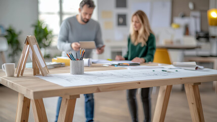 Designers collaborating on new project with technical drawings on table