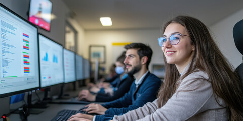 Young professionals working on interactive dashboards in modern office