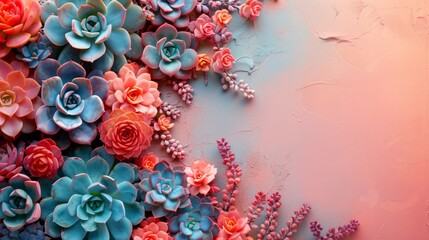 The image features a stunning arrangement of vibrant, cascading succulent plants against a light-colored pastel background
