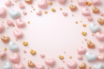 A whimsical scene filled with vibrant hearts, both red and gold, dancing playfully against a soft pink backdrop, celebrating love's delight this Valentine's Day.