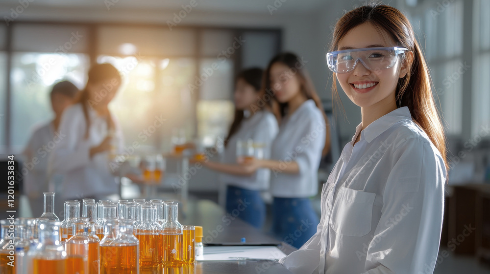 Aufkleber laboratory setting with students conducting experiments and smiling