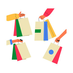 hopping Bags Held By Hands In Flat Vector Illustration Symbolizing Retail, Consumerism, And Shopping, Isolated On White Background