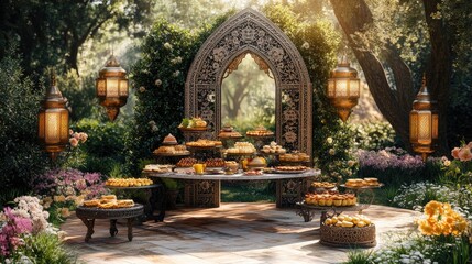 Obraz premium Festive outdoor dessert spread, garden setting, sunlight, celebration