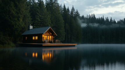Obraz premium A cozy cabin sits lakeside at dusk. Light from the cabin windows reflects on the still water, surrounded by a dense, dark forest