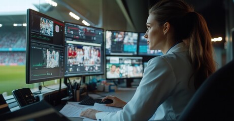 She is wearing a white lab coat and she is focused on the screen