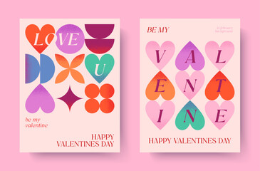 Happy Valentines Day romantic illustrations.Modern typography banner templates.Romantic greeting posters with hearts,geometric shapes background.Trendy vector concepts for prints,invitations,ad,covers