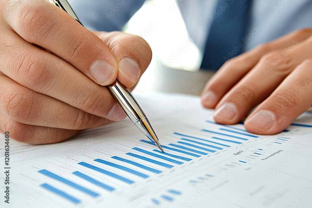 Poster business owner reviewing customer surveys and metrics for strategic improvements in a clean workspac