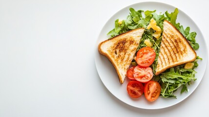 Freshly Grilled Sandwich with Crunchy Greens and Juicy Tomatoes Served on a White Plate Ideal for Healthy Eating and Culinary Inspiration