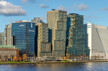 Rotterdam, The Netherlands, January 11, 2025: view from the south towards modern residential and office buildings on the "Boompjes" waterfront