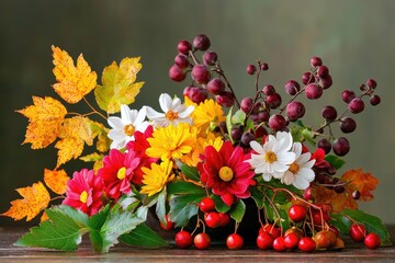 Obraz premium Still life of seasonal plants and flowers mixed with golden autumn leaves, simple elegant backdrop