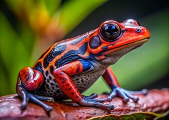 Obraz premium Vibrant Red Striped Poison Dart Frog High-Resolution Stock Photo