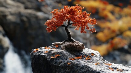 Fototapeta premium A solitary, vibrant red tree stands atop a moss-covered rock in a tranquil setting.
