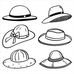 set of vector various style sun hat, beach hat, summer straw hat silhouettes