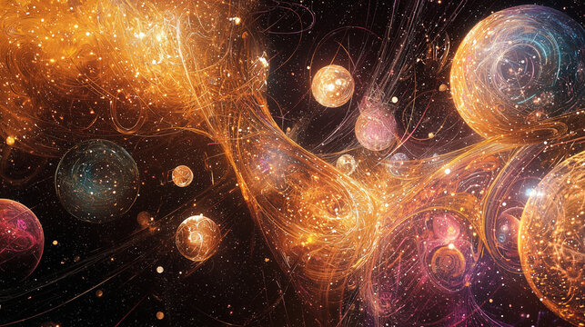 A stylized artistic representation of the multiverse theory, with overlapping spheres representing parallel universes, connected by luminous strings, symbolizing interdimensional connections.
