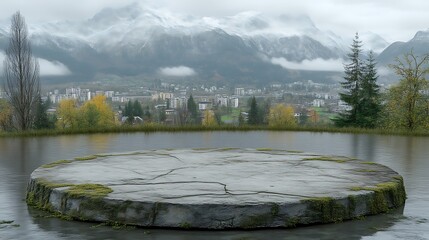 Mossy Stone Platform Overlooking Snowy Mountains and Town