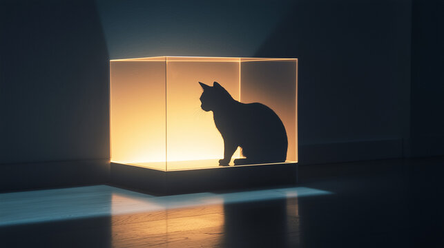 A minimalist depiction of Schr&ouml;dinger&rsquo;s cat thought experiment, with a box split in two, one side showing a cat and the other empty, illustrating quantum superposition.