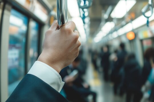 A man is holding a metal pole in a crowded subway car
