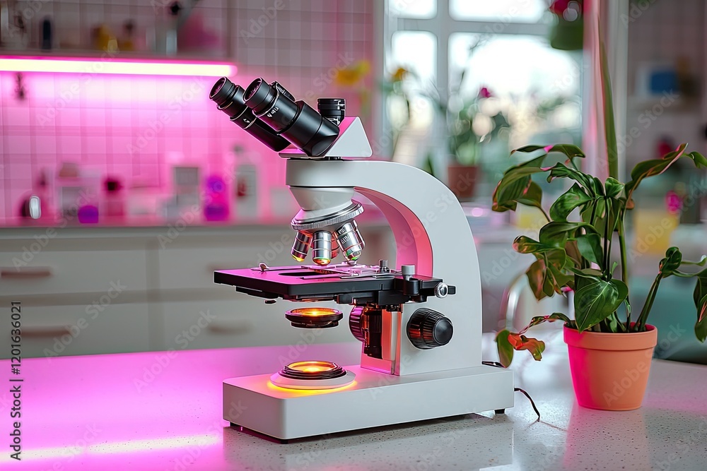 Poster modern laboratory scene featuring a microscope with fluorescent illumination and colorful slides