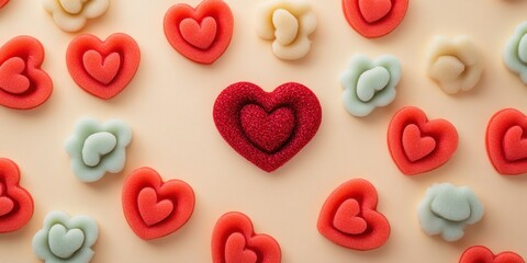 Obraz premium A charming table adorned with a multitude of vibrant heart shapes, radiating love and affection, perfect for celebrating Valentine's Day.