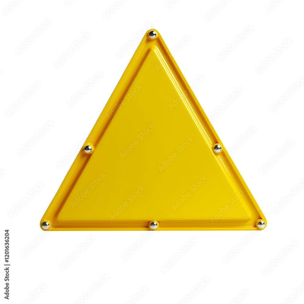 Poster a vibrant yellow triangle sign, meticulously crafted with metallic rivets. its bold color and simple