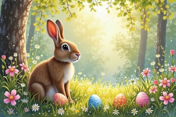 Springtime bunny with colorful easter eggs in sunlit forest