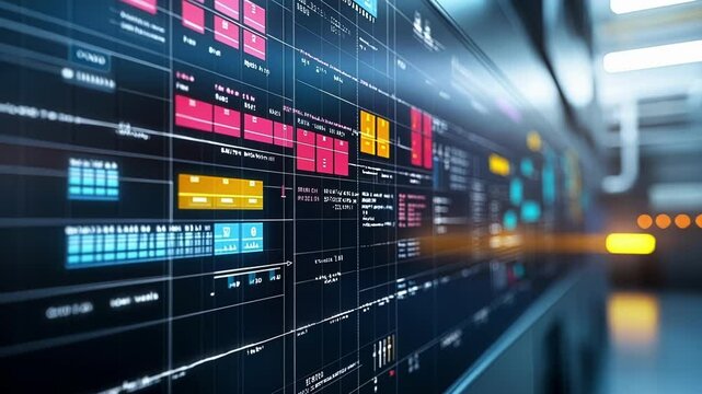 A closeup of a touchscreen interface displaying a maintenance schedule with colorful graphics illustrating upcoming tasks and deadlines in a factory control room.