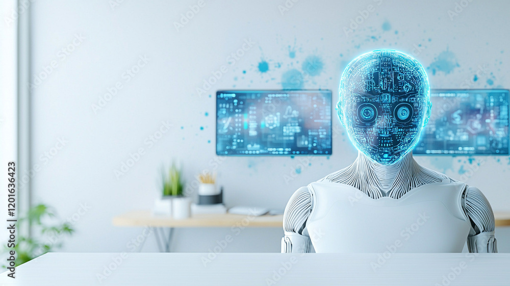 Poster ai-driven innovation in design futuristic robot with digital face sits in modern workspace, surround