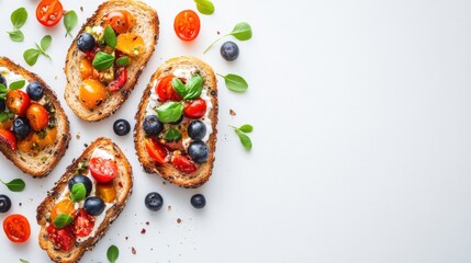Fresh and Colorful Bruschetta with Cherry Tomatoes, Berries, and Greens Styled on a Light Background for Culinary and Food Photography