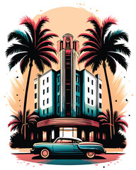 Design a retro hotel advertisement poster in the style of mid-century modern design.