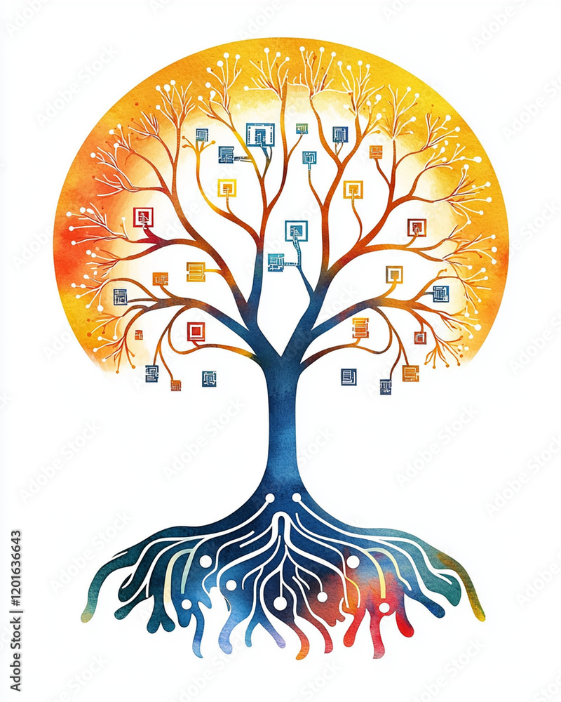 Poster ai-driven innovation in design colorful tree with circuit like branches and roots, symbolizing techn
