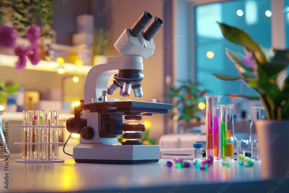 Poster modern laboratory scene featuring a microscope with fluorescent illumination and colorful slides