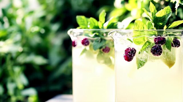Lemonade with blackberries and mint in garden, horizontal video, suitable for summer beverages, garden parties and fresh drink promotions