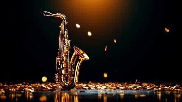 Saxof&oacute;n tenor en un escenario con luz directa y purpurina brillante cayendo de fondo