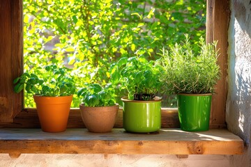 Fototapeta premium Rustic kitchen with wooden beams, vintage cookware, and potted herbs