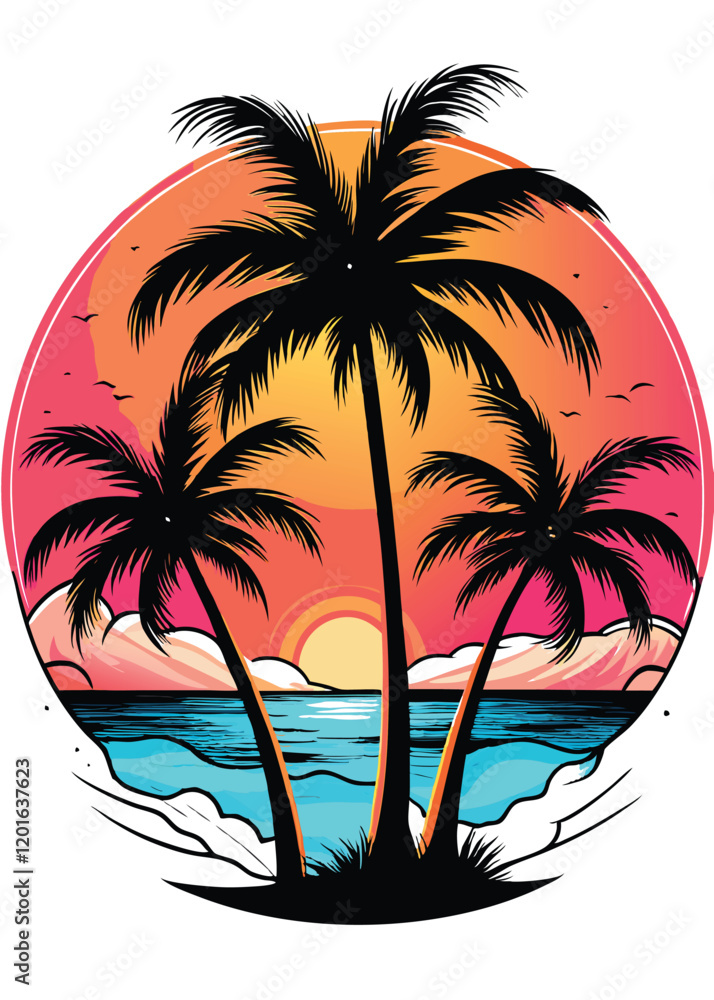 Poster a vibrant, retro-style sunset with a psychedelic color palette and a unique visual twist.