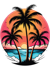 A vibrant, retro-style sunset with a psychedelic color palette and a unique visual twist.