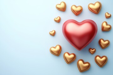 A central heart radiates warmth, encircled by shimmering gold hearts, set against a serene blue backdrop, epitomizing love and celebration.