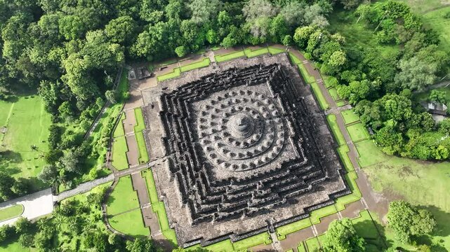Aerial view of Borobudur, largest Buddhist temple in the world.
