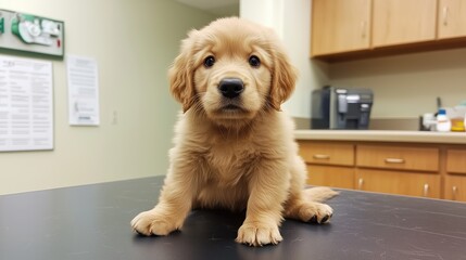 The puppy gazes forward with a mix of curiosity and trust, its fluffy coat glowing under the office lights as it perches on the vet&rsquo;s table.