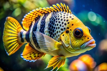 Naklejka premium Vibrant Yellow and Black Fish with Orange Spots - Long Exposure Underwater Macro Photography