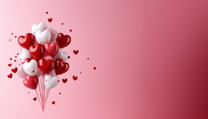 A cluster of red and white heart-shaped balloons floating against a soft pink gradient background