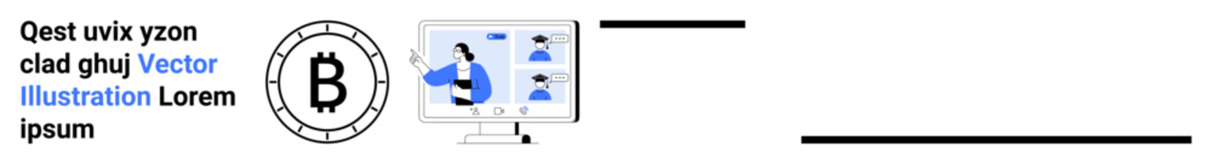 Cryptocurrency coin with B symbol, computer display showing network of people in blue tones, text blocks, black lines. Ideal for digital currency, blockchain, networking, business, technology