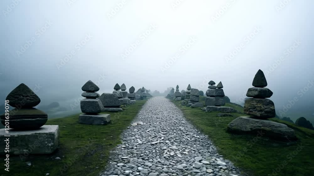 Poster tracking video along a path lined with balanced stones, soft light filtering through an overcast sky