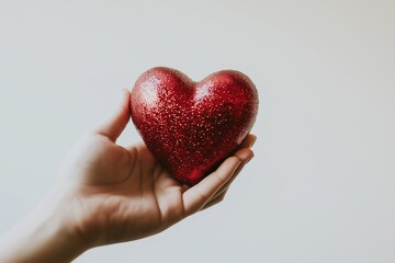 Obraz premium A single hand presenting a sparkling red glitter heart against a clean neutral background