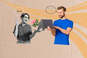 Composite photo collage of two happy girl guy lovers hold laptop distance video call talk bubble heart rose isolated on painted background