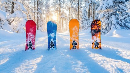 Seven snowboards are lined up in a snowy landscape,